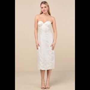 NWT LULUS Adena White Jacquard Strapless Bustier Midi Dress